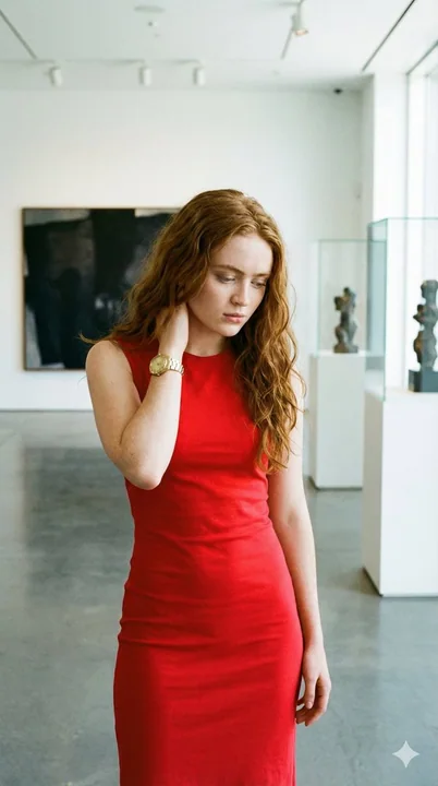 The moment of contemplation of a red-haired woman in a red dress amidst gallery lights