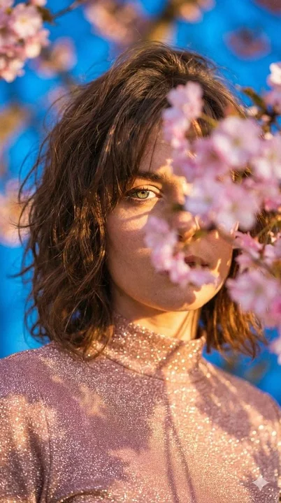 Green-eyed girl portrait in a touching movie scene under the pink flower shadows