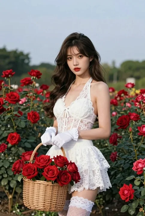 Великолепные снимки девушки в белом кружеве в саду красных роз