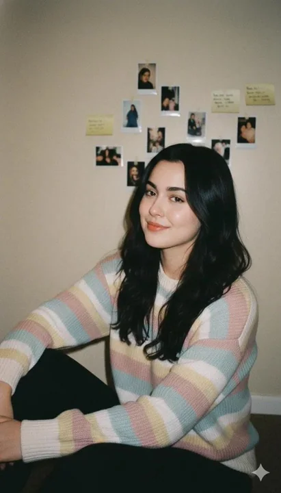 身穿条纹毛衣的温暖治愈系室内少女肖像