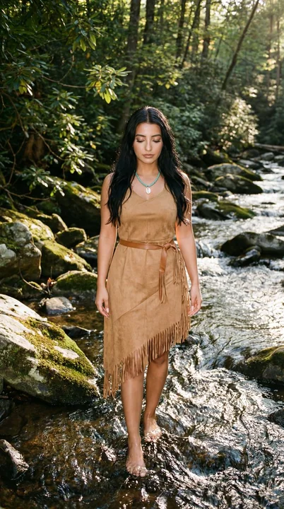 Jeune fille naturelle aux cheveux longs portant une robe à franges dans un cours d'eau de forêt, ambiance cinématographique
