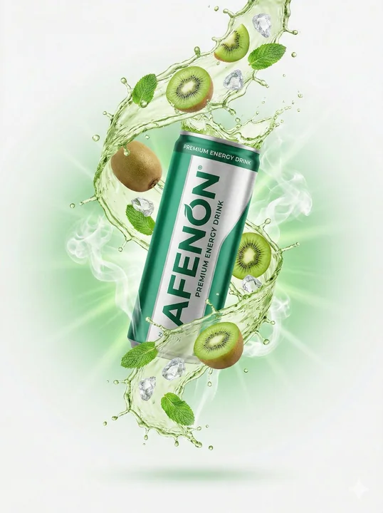 フレッシュなグリーンのエネルギー飲料が高速で飛散する商業映画