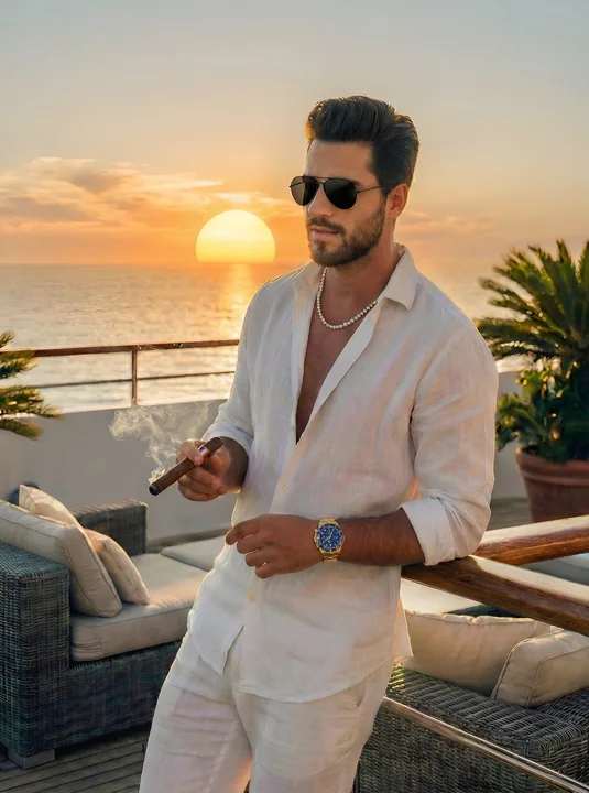 Старомодный джентльмен на палубе яхты в золотой час