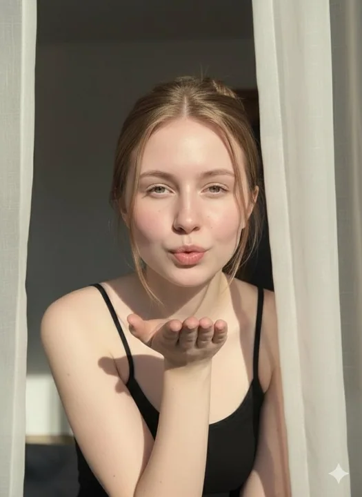 Moment de baiser élégant d'une jeune fille aux cheveux dorés sous des lumières oniriques