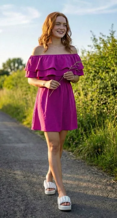 Promenade campagnarde dans une robe fuchsia sous les lumières hyper-réalistes 8K