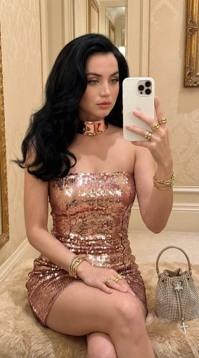 Luxurious electric blue sequin dress goddess selfie in front of the mirror