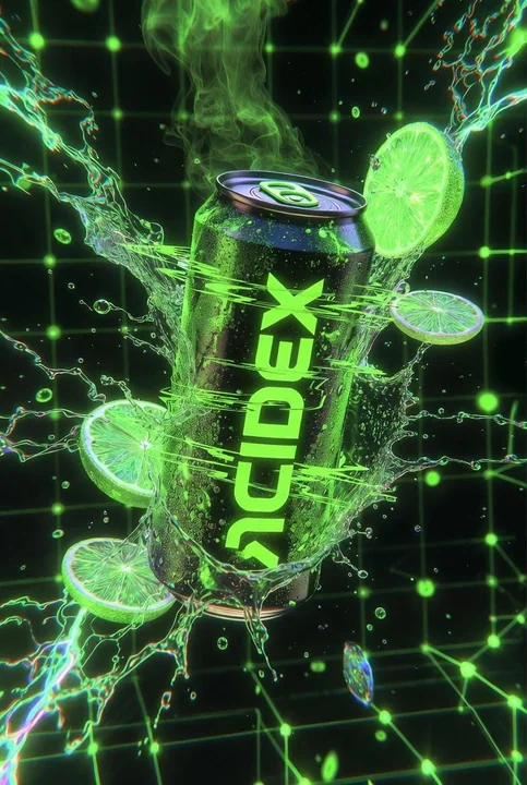 赛博霓虹风悬浮能量饮料与青柠爆炸瞬间