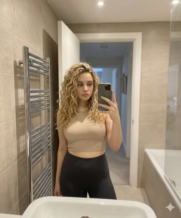 金发卷发少女身着米色背心现代浴室对镜自拍