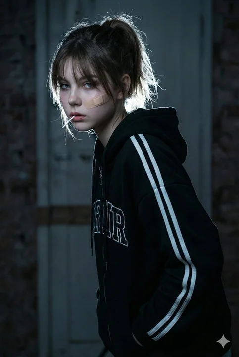 叛逆高马尾少女的冷调街头侧颜