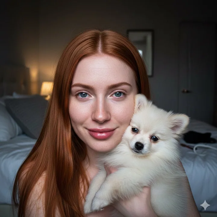Red-haired girl holding a Pomeranian under the flashlights at midnight