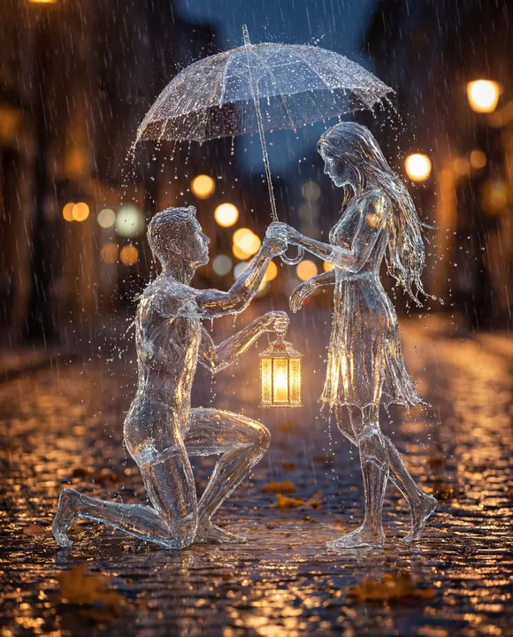 晶莹水滴凝结而成的唯美浪漫雨夜恋人