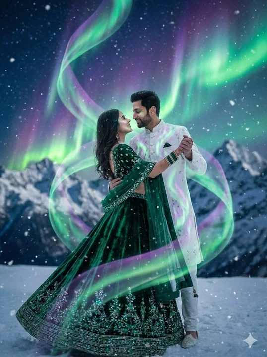 Dreamy Aurora Wedding Dance under the Himalayan Snow Mountains