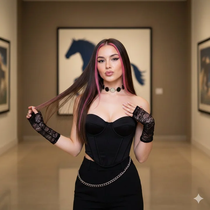 复古闪光灯下的Y2K粉发辣妹与紧身胸衣