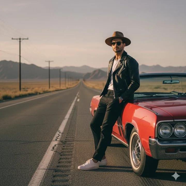 黄昏沙漠公路上的复古美式型男