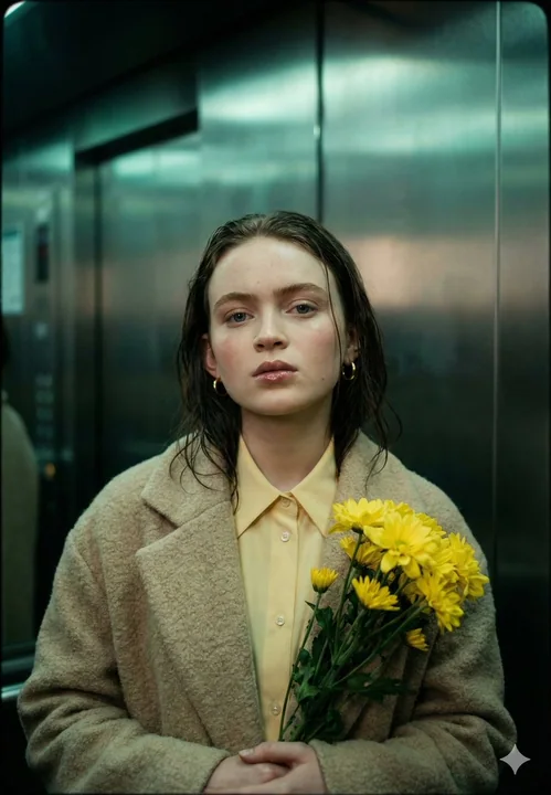 电梯间手持黄花的电影感忧郁少女