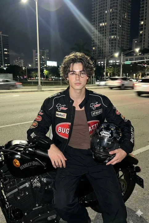 夜骑哈雷摩托的都市街头闪光灯写实照