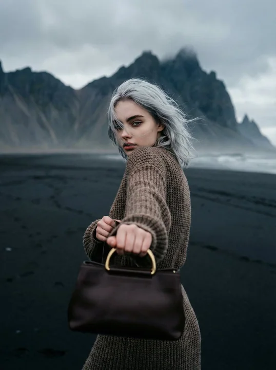 北欧黑沙滩上的冷调电影时尚大片