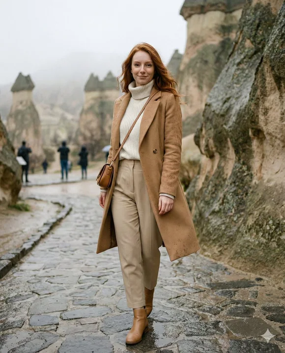 阴雨天卡帕多奇亚的时尚旅行博主大片