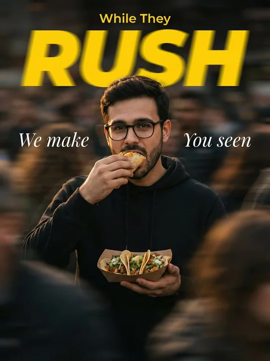 喧嚣中的静止：穿连帽衫男子吃卷饼的商业摄影