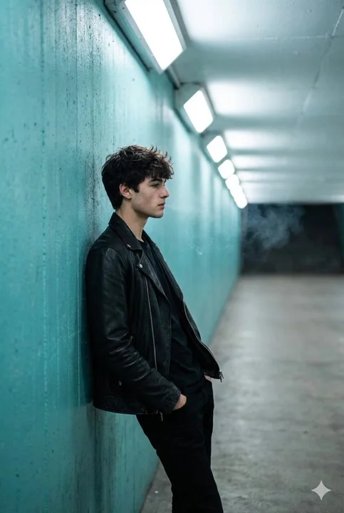 青绿隧道皮衣少年的孤独侧影