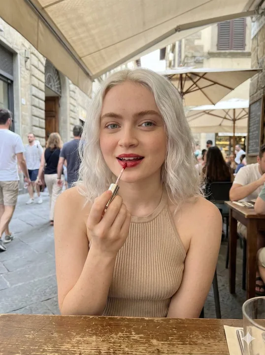 Elegant young woman with red lips in a coffee shop at the corner in the afternoon