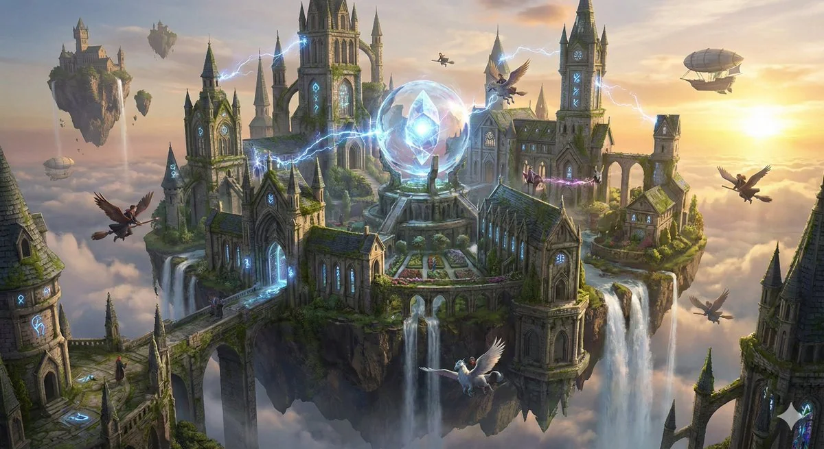Mysterious Arcane Magic Academy Suspended Above the Clouds