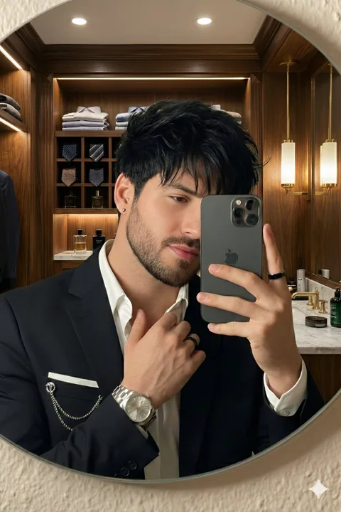 Chic man taking a mirror selfie in a luxurious walk-in closet