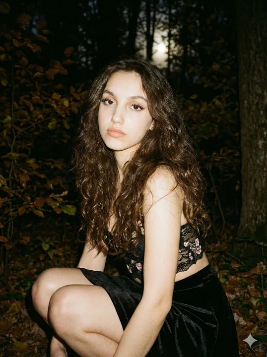 Retro Film Girl with Moonlight on an Autumn Night Forest