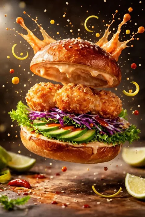 浮遊するエビバーガーと飛び散るソースが映画のような光と影の中で✨