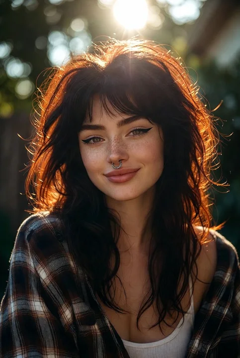 A freckled brunette girl outlined in backlighting