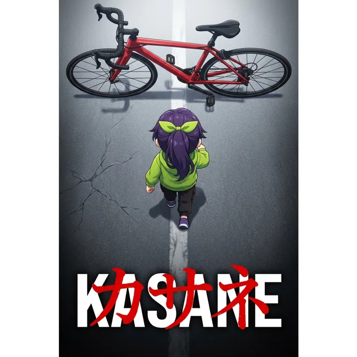 Dramatic animation poster with a red car and a silhouette viewed from above