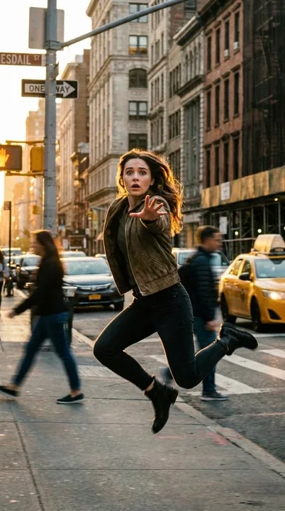 Startled Girl Leaping Across the Streets of New York