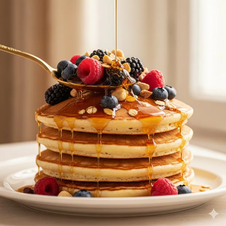 Luxurious maple syrup slowly flowing over the tempting pancake
