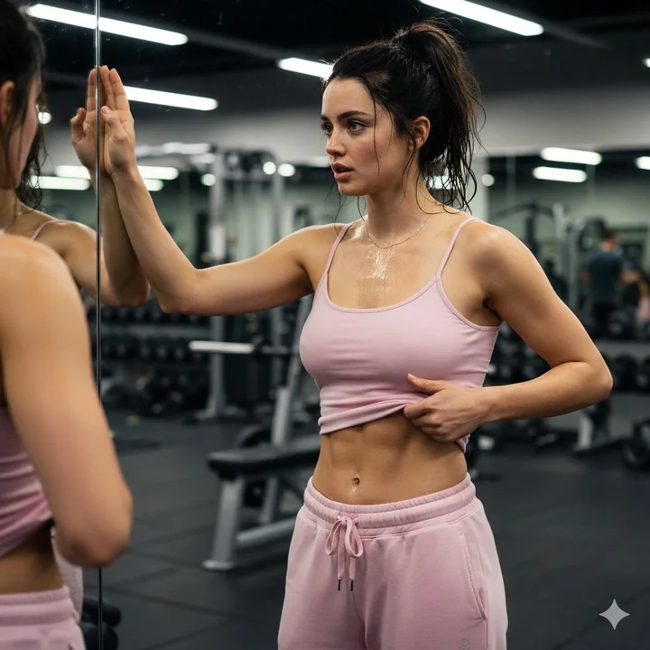 鏡の前で服をめくり上げる：ピンクのフィットネスクラブの超現実的な人物像