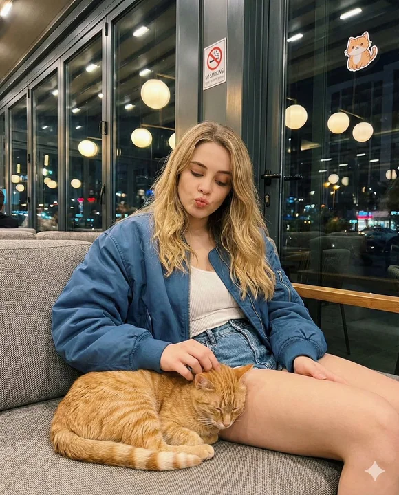 夜のカフェでオレンジの猫を撫でる金髪の少女