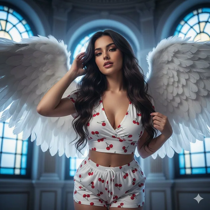 Femme fatale ange à la fraise sous des ailes blanches immaculées