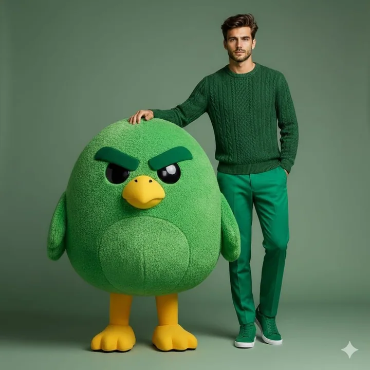 男モデルと緑の鳥のマスコットキャラクターのハイファッションのスチール写真