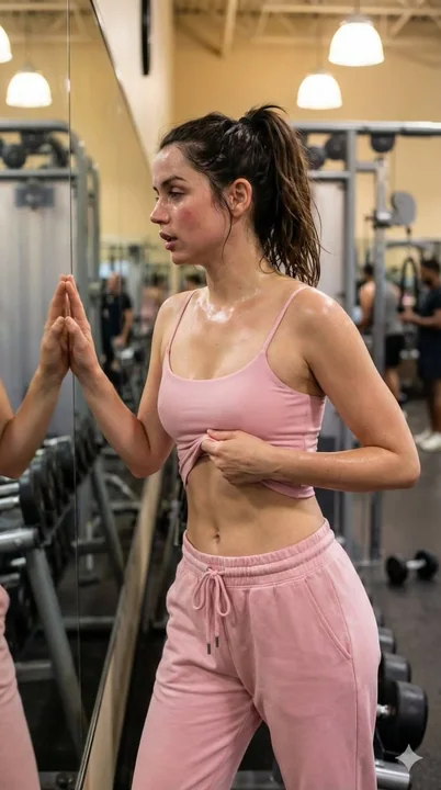 Close-up of hot sweat stretching in front of the gym mirror