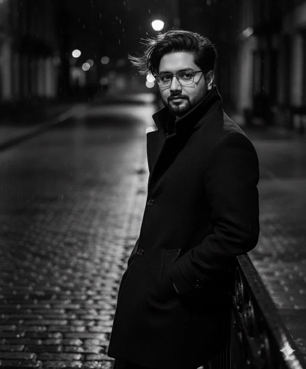 Black and white street style male model in a black trench coat