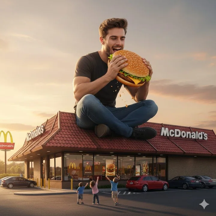 العملاق على سطح المبنى مع الهمبرغر عند غروب الشمس