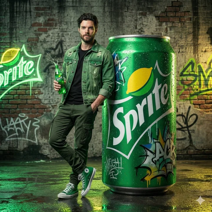 Cool guy commercial with a giant green Sprite can