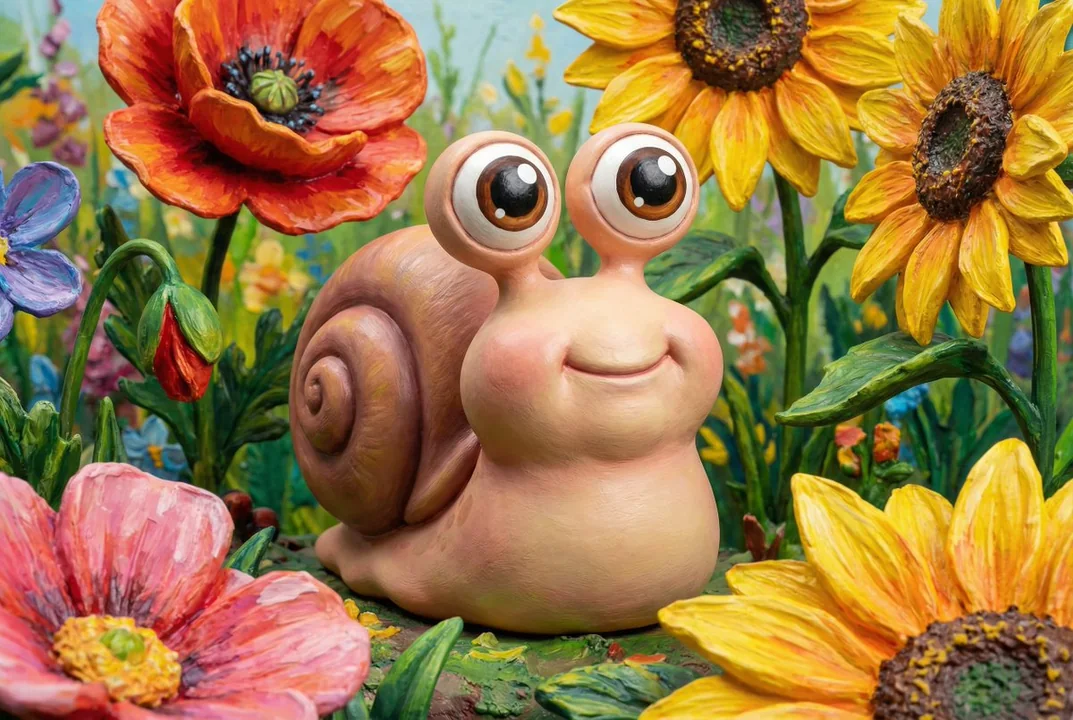 巨花丛中的大眼萌蜗牛微距特写