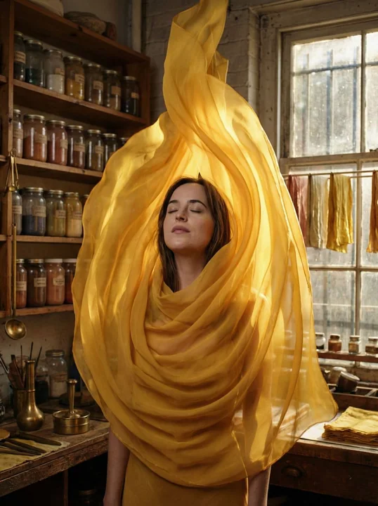 الفتاة الهادئة في عاصفة الحرير الذهبي الفاتح