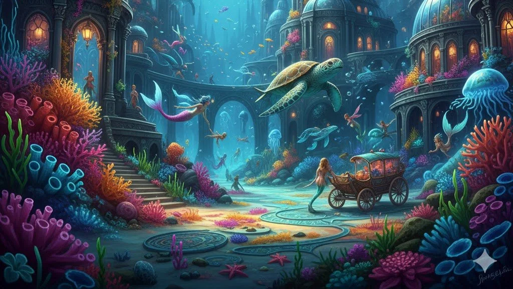 Underwater City of Imagination Mermaid Strolls on the Luminous Path