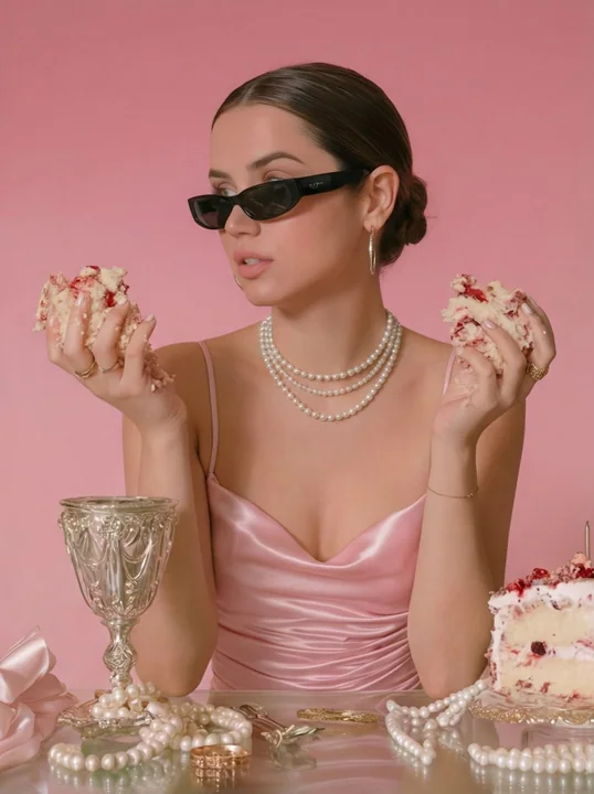 Magazine Spread: Silken Beauty Holding Luxurious Desserts