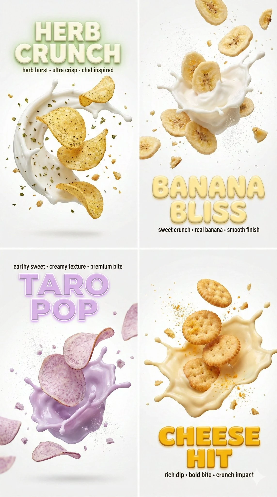 مقطع بطيء الحركة لشريحة بطاطس مقرمشة مع نص ثلاثي الأبعاد