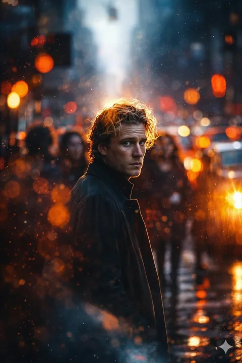 المراهق ذي الشعر الذهبي ينظر إلى الوراء في مدينة ماطرة