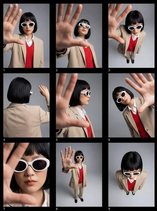 Nine-grid fashion spread: A modern girl reaching out to touch the lens