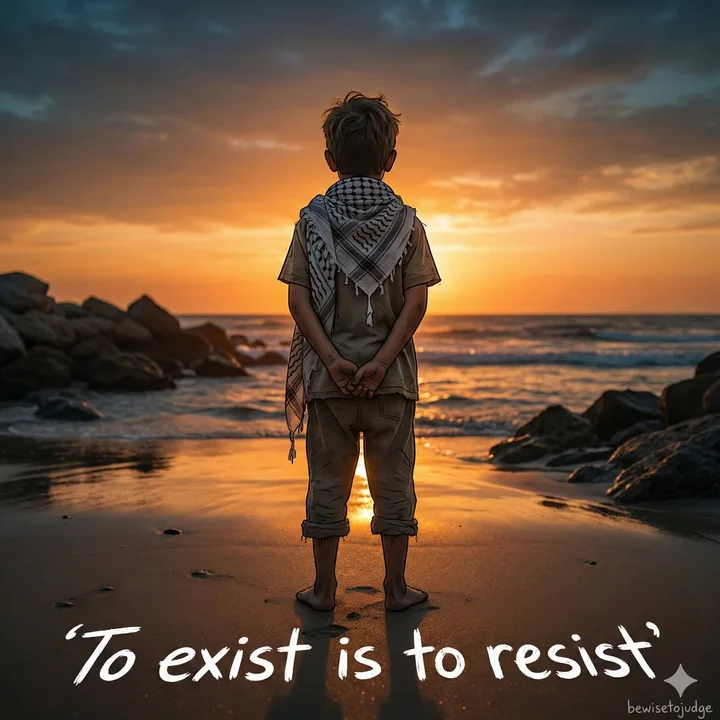 Silhouettes of Hanadra-style resistance under the Gaza sunset