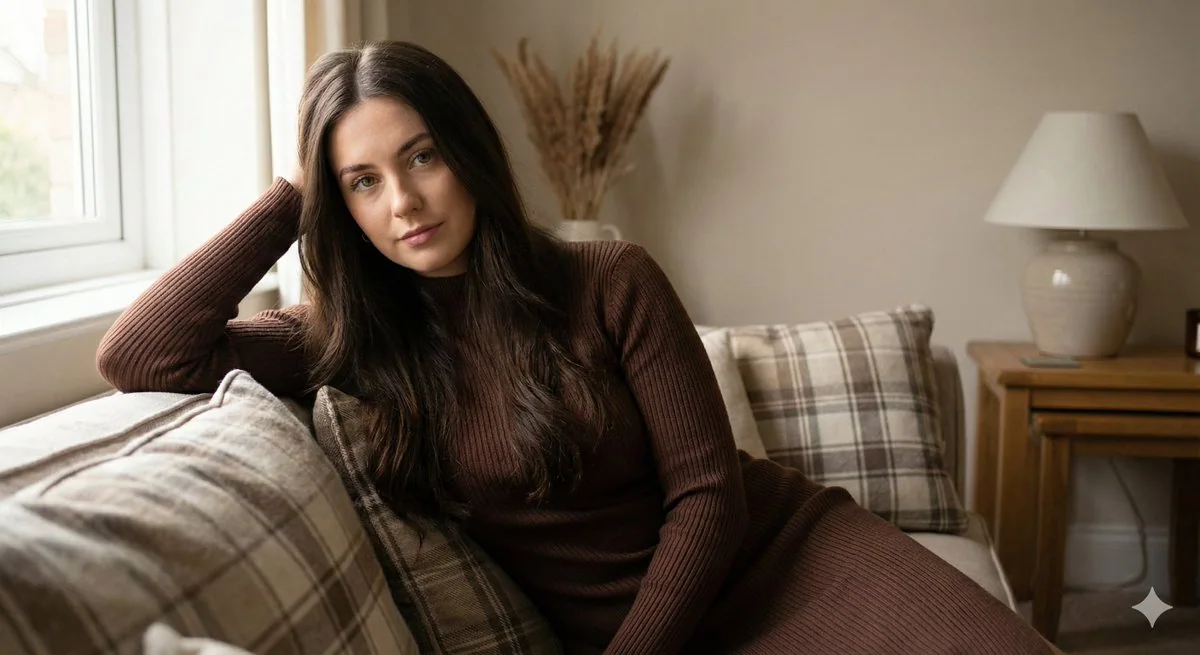 棕色头发的少女躺在慵懒的沙发上